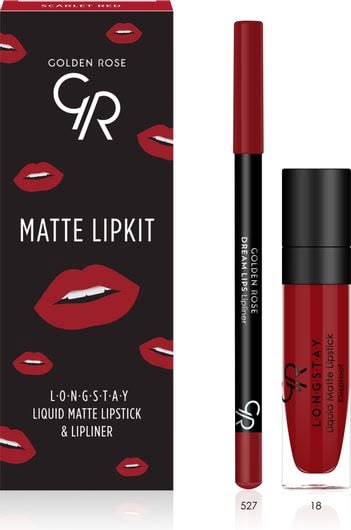 کیت رژلب مایع و مداد لب مات،Scarlet red،گلدن رز