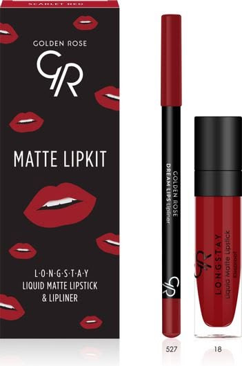کیت رژلب مایع و مداد لب مات،Scarlet red،گلدن رز
