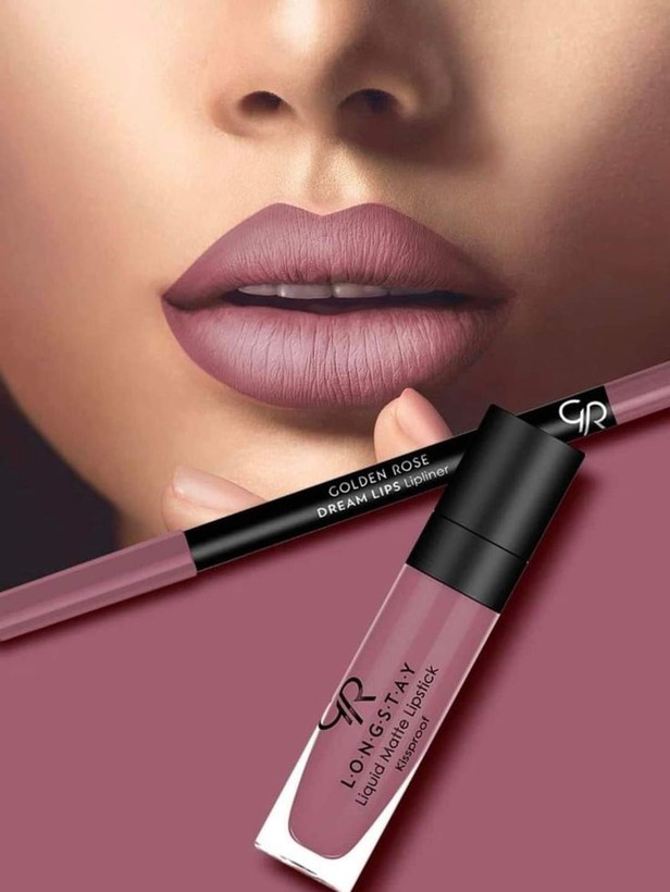 کیت رژلب مایع و مداد لب مات ،blush pink، گلدن رز