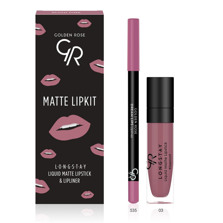 کیت رژلب مایع و مداد لب مات ،blush pink، گلدن رز